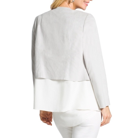 Chico's Open Front Faux Suede Jacket Jacket Sz L White Gray Layered Office - Picture 2 of 15